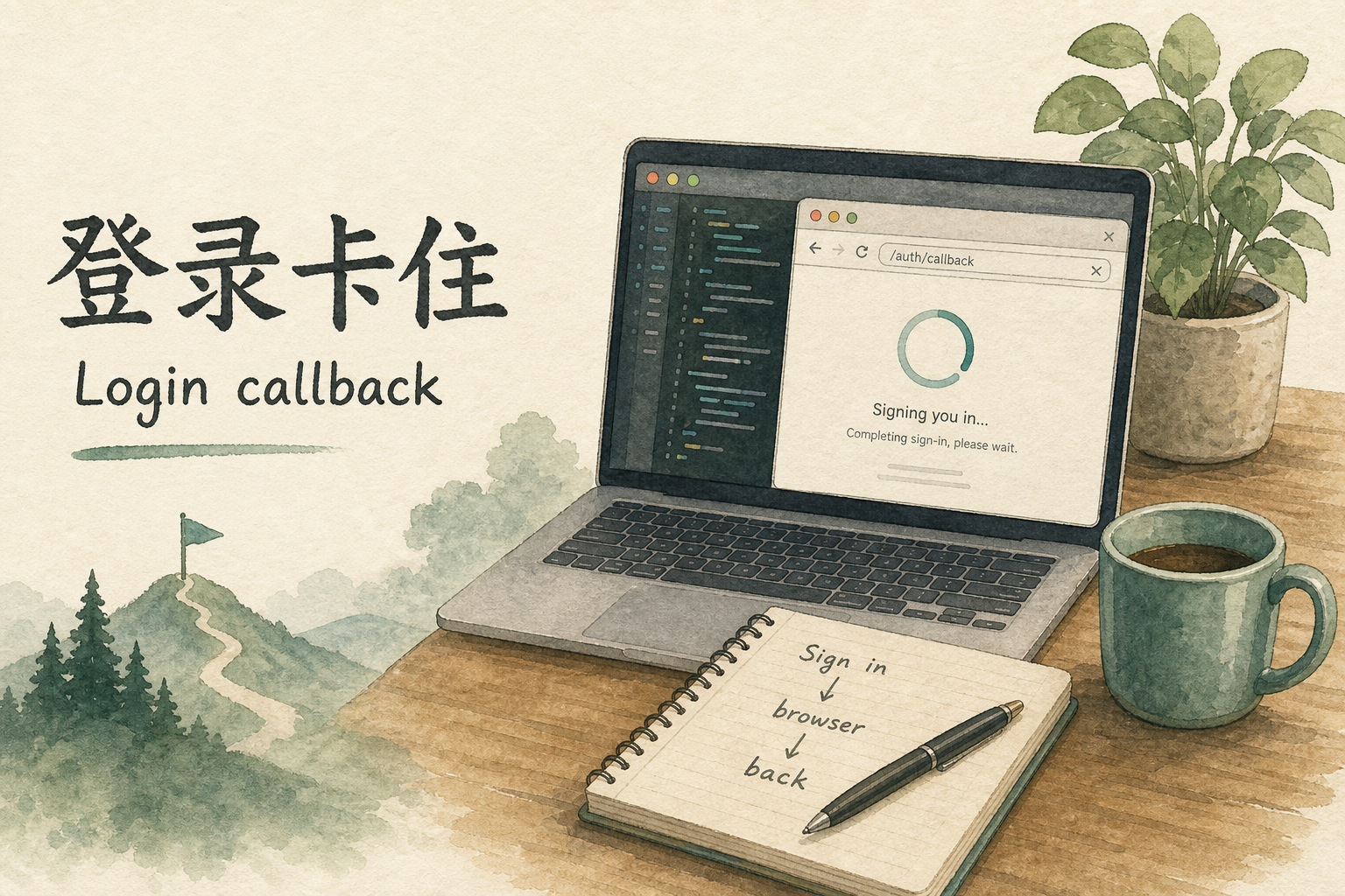Cursor 登录卡住：浏览器回调与客户端登录态排查示意