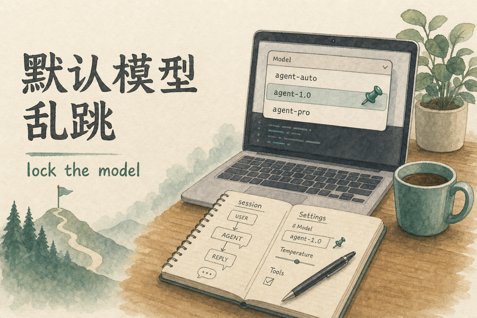 书桌水彩：笔记本模型下拉在两个名字间跳动，图钉示意锁定默认