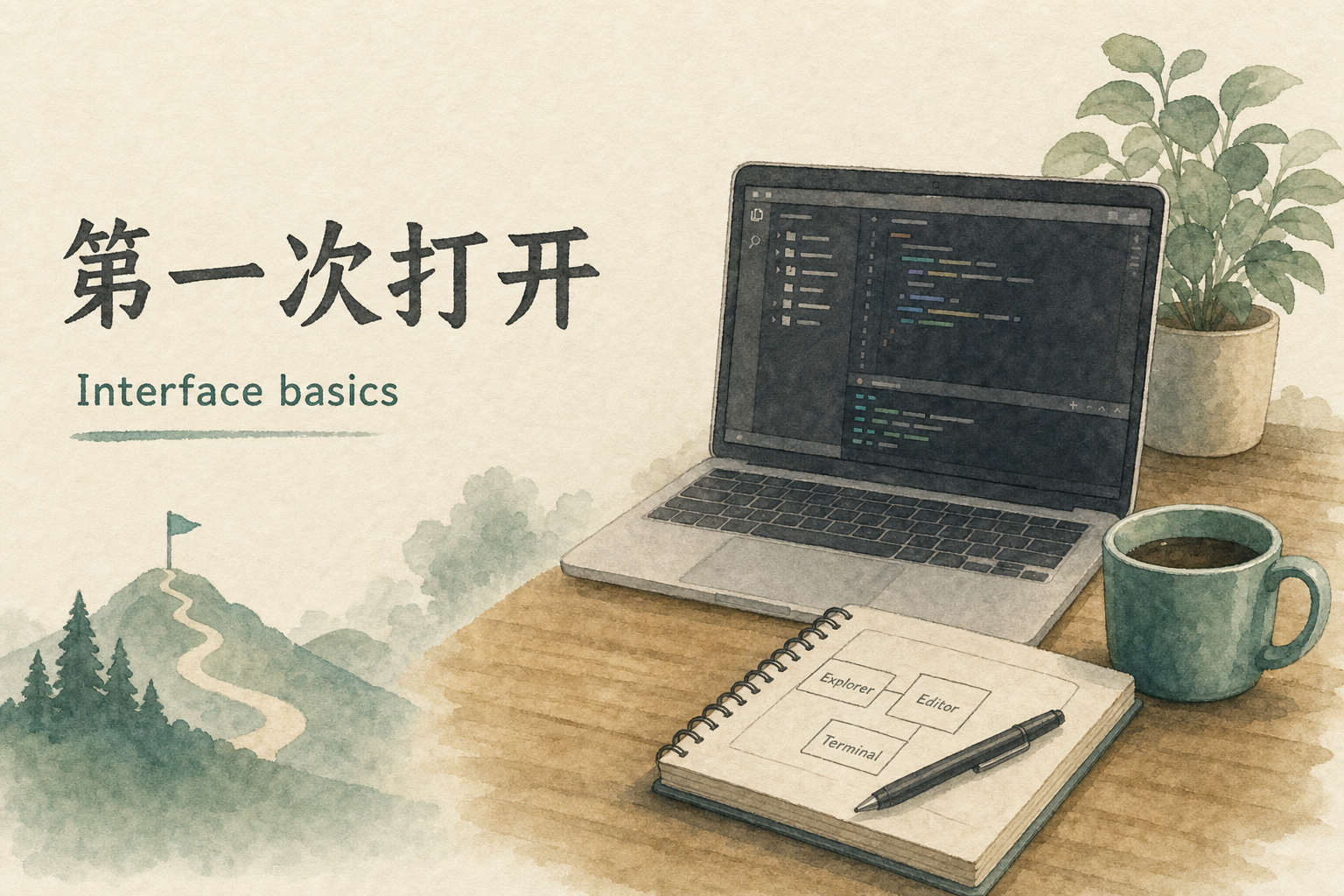 Cursor 编辑器界面分区：侧边栏、编辑区、AI 面板与内置终端