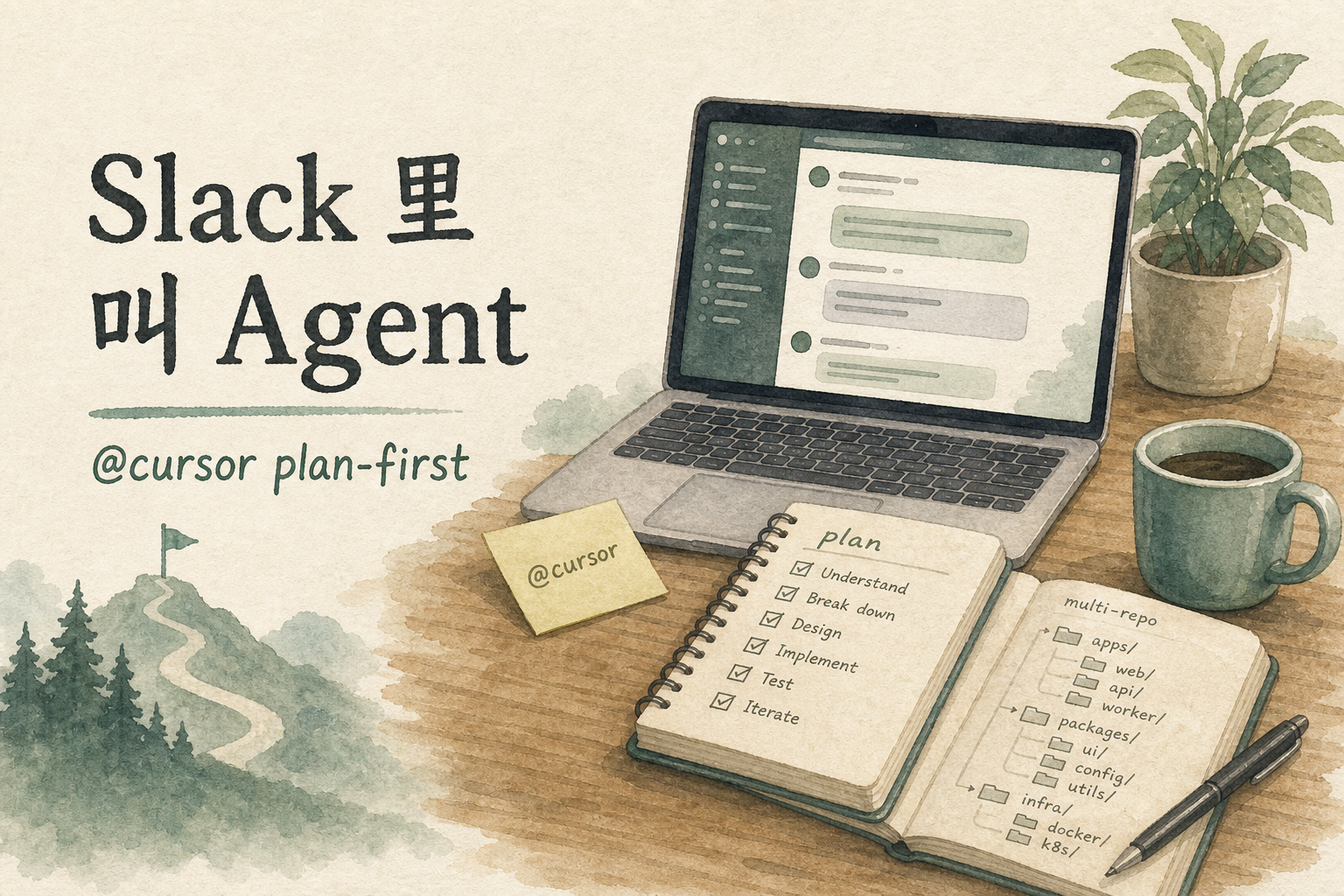 书桌水彩：笔记本旁便签写 @cursor 与 plan，咖啡杯侧有消息气泡示意