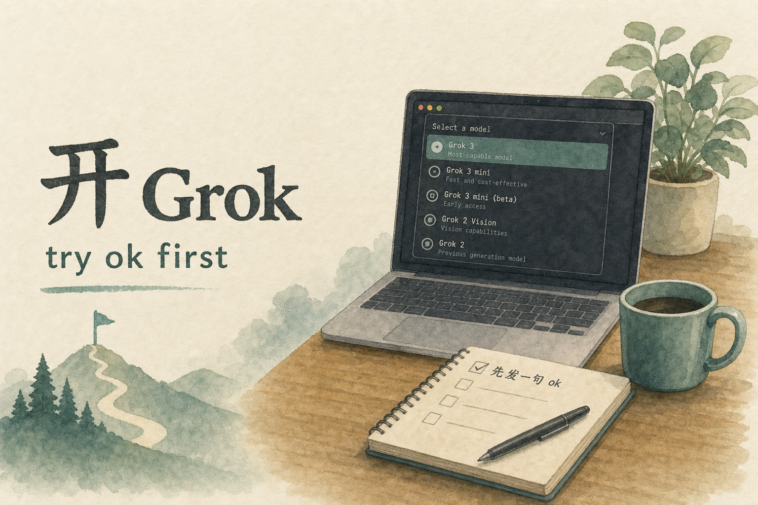 书桌水彩：笔记本模型下拉高亮 Grok，便签写着先发一句 ok