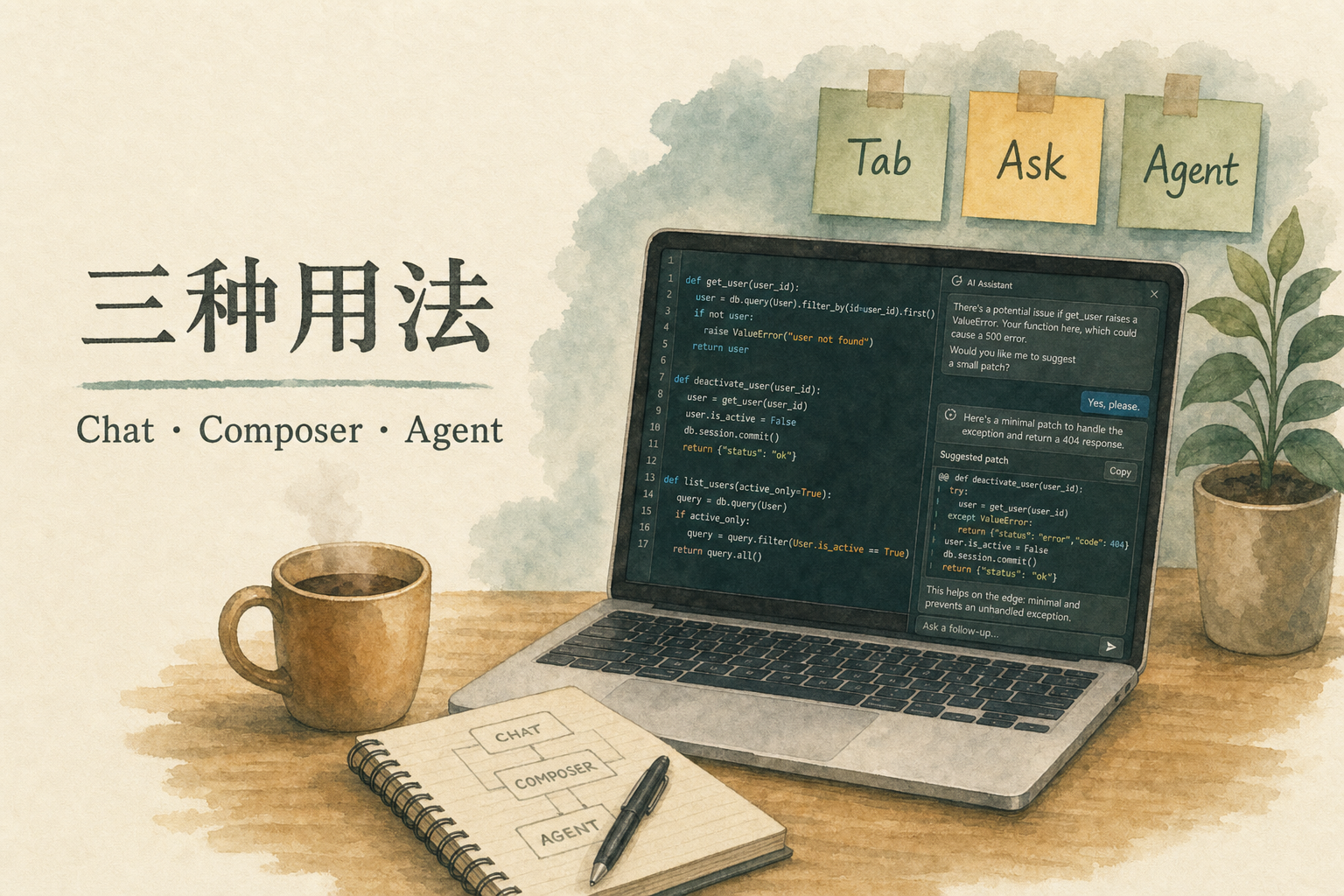 Cursor 三种交互：行内 Cmd+K、侧边 Chat、Agent 多文件编辑对比