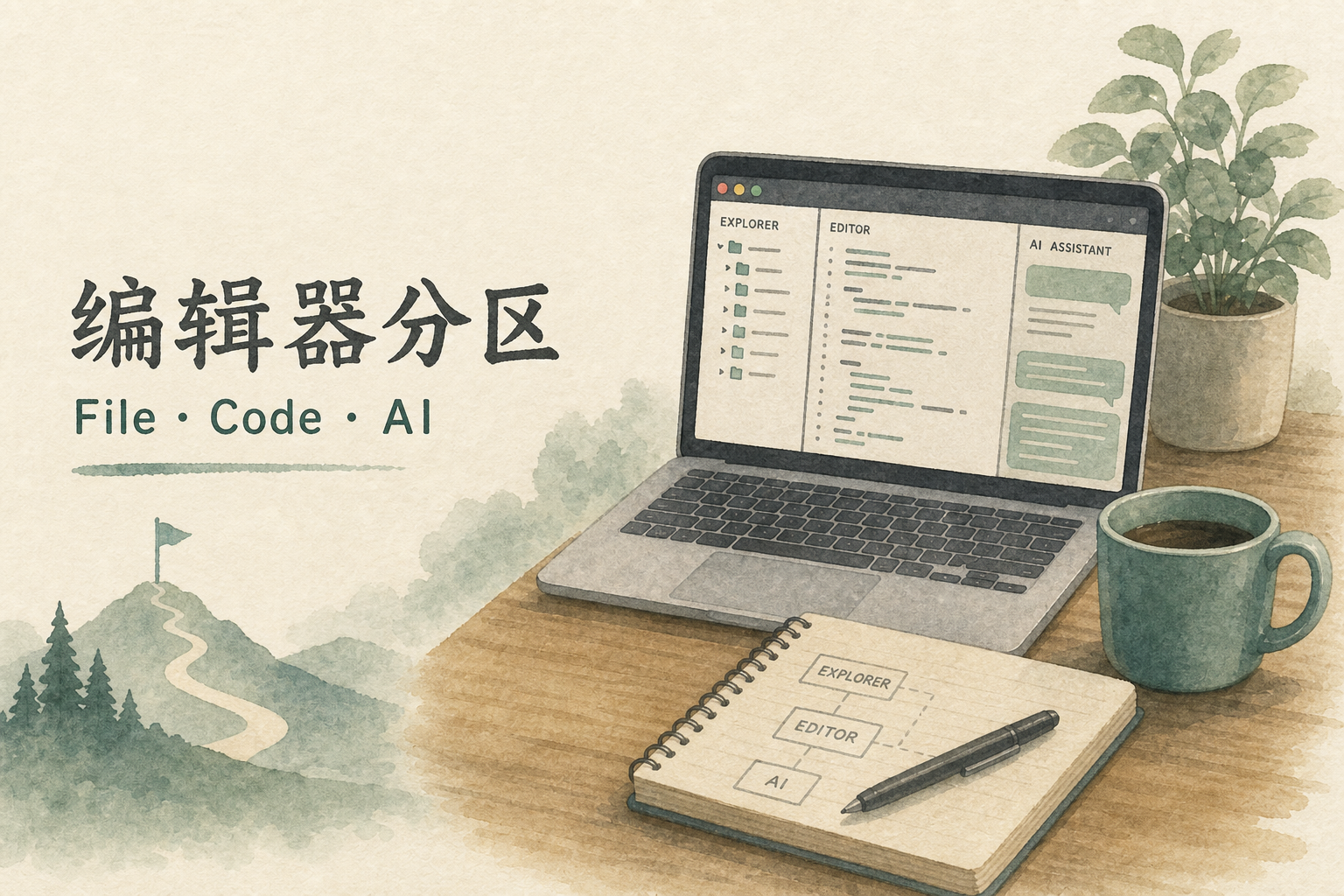 书桌水彩：笔记本 IDE 分区示意，便签标文件树与 AI 面板