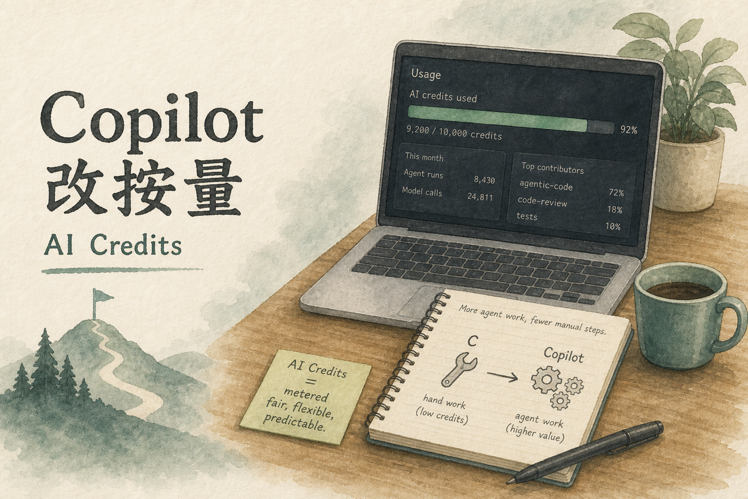 书桌水彩：笔记本显示用量仪表，便签写 AI Credits，笔记本草图示意重活迁到 Cursor