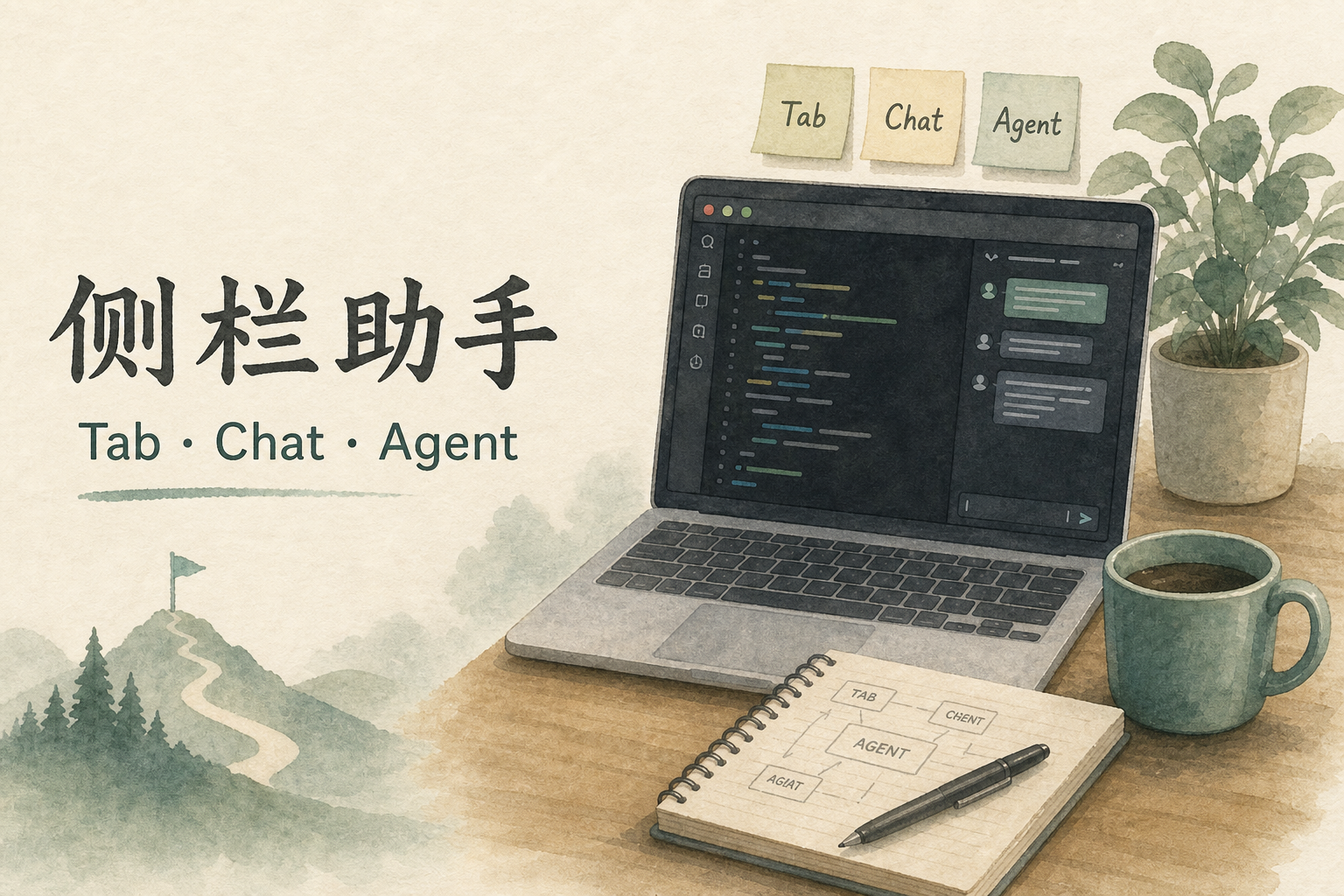 书桌水彩：笔记本侧栏对话与便签写着 Tab Chat Agent