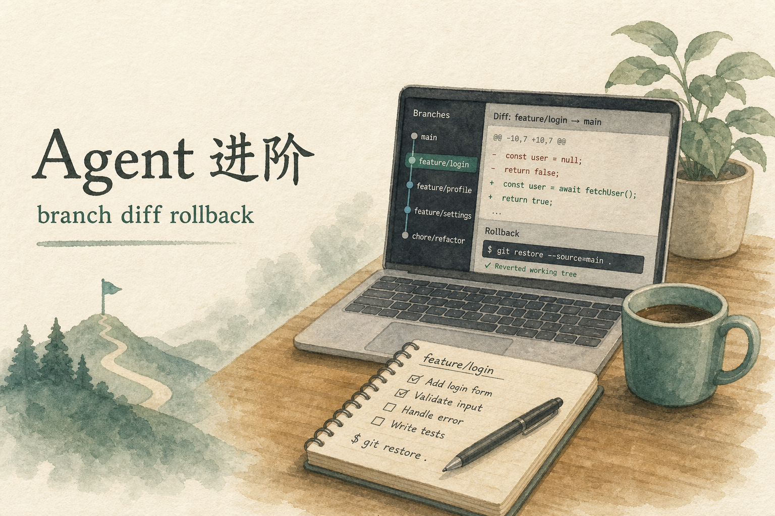 Cursor Agent 进阶：并行任务、审 diff 与 git 回滚示意