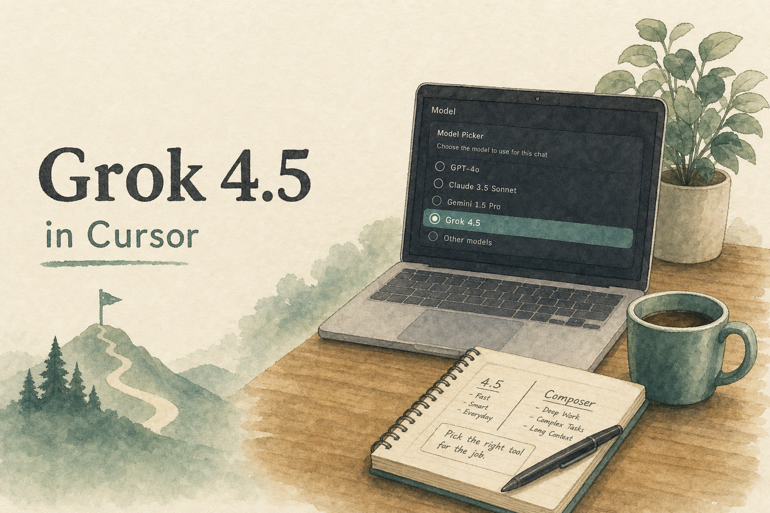 书桌水彩：笔记本模型下拉高亮 Grok 4.5，便签写联训与 Composer 分流