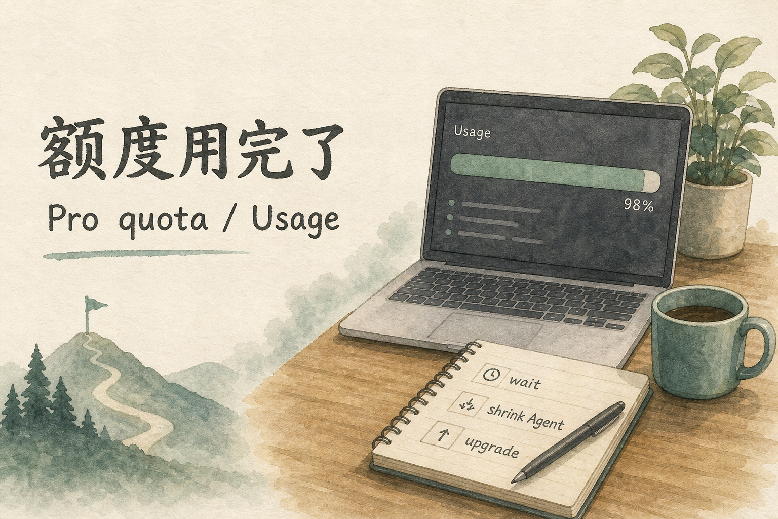 Cursor Pro 额度用完:Usage 页与降负载、升档对照示意