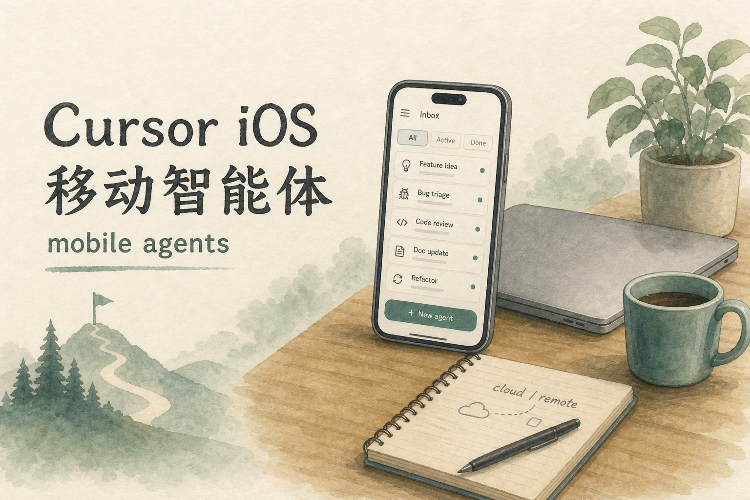 书桌水彩：手机旁笔记本，便签写 iOS Agent 与 Remote Control