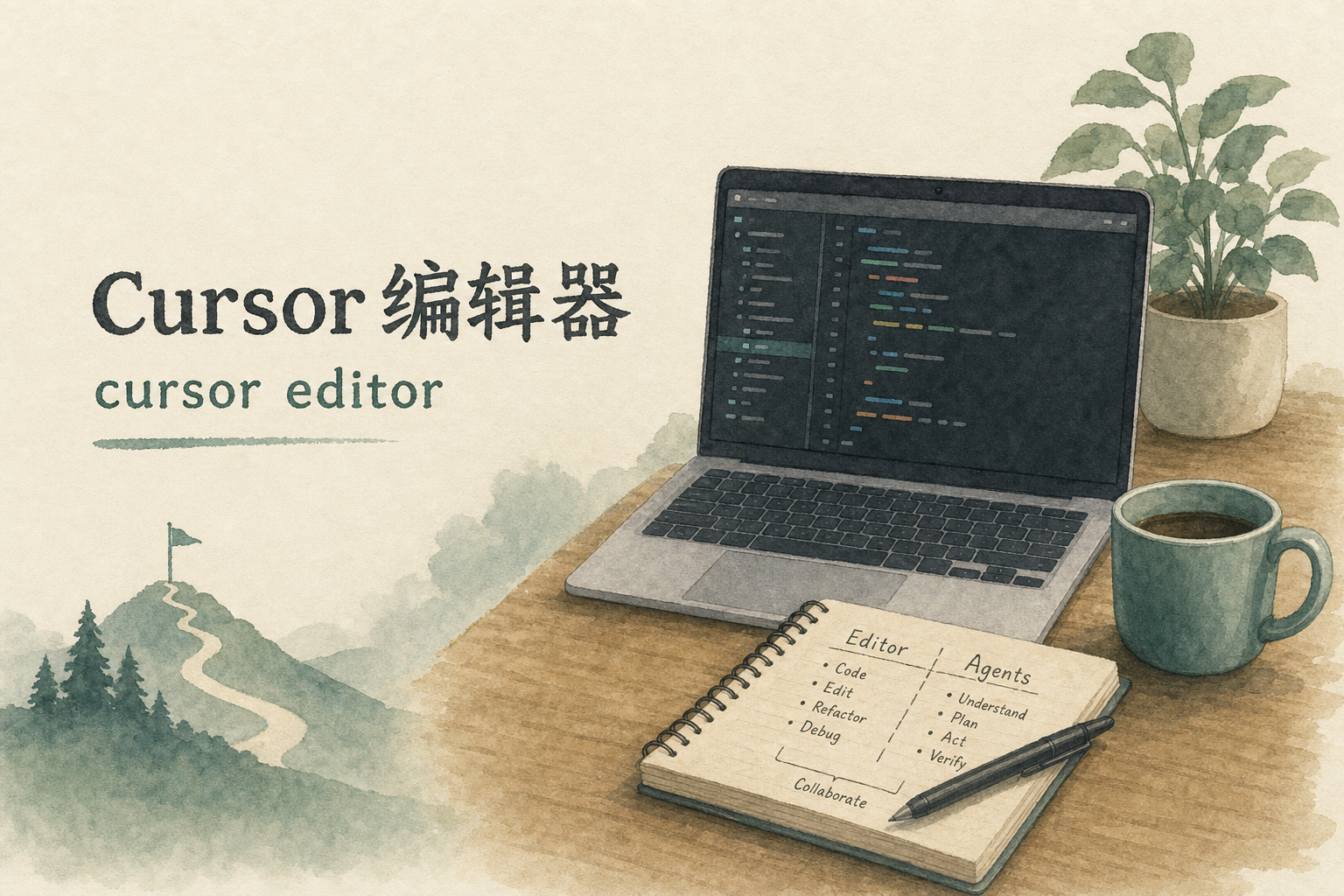 书桌水彩：笔记本深色代码编辑器，便签写 editor 与 Agents Window