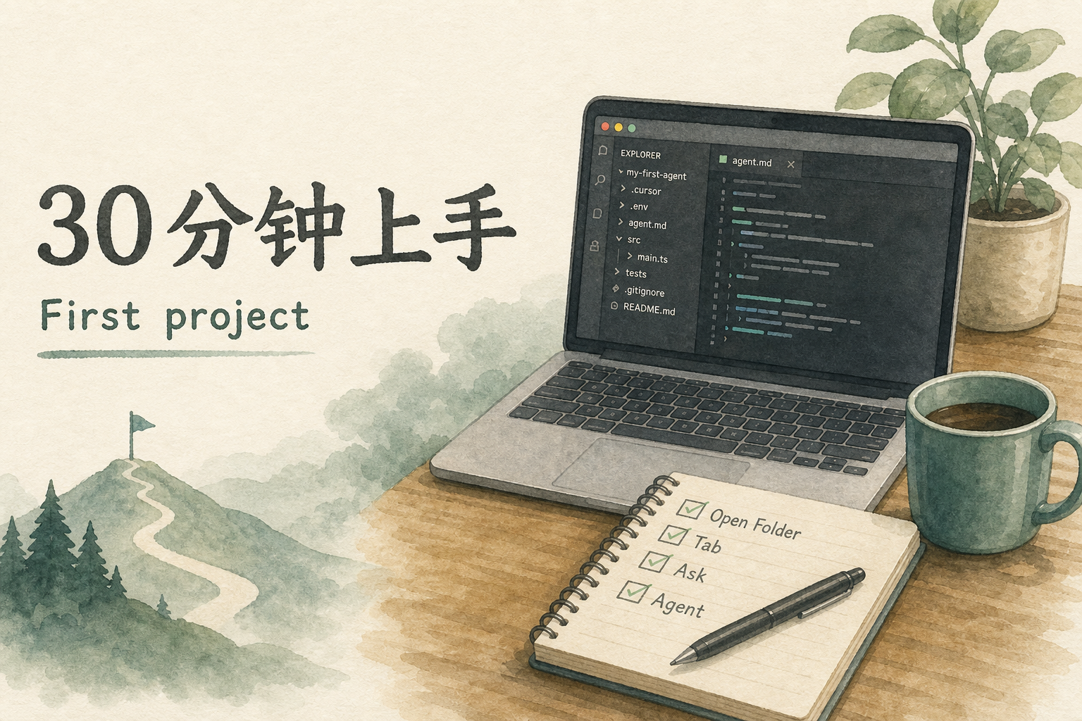 Cursor 第一个项目 30 分钟上手:打开文件夹、Tab、Ask、小步 Agent