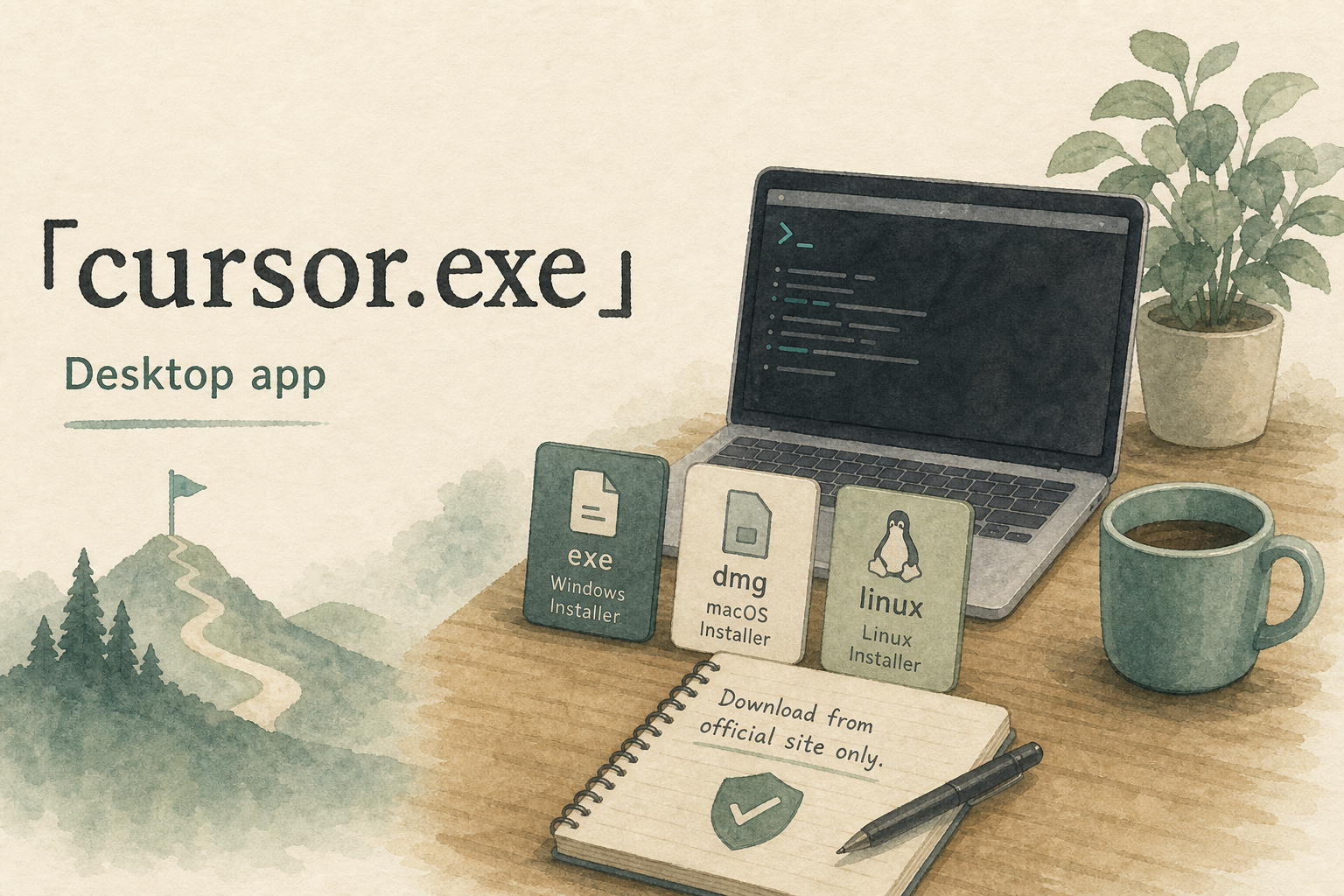 Cursor 桌面端各平台安装包：Windows exe、macOS dmg、Linux AppImage
