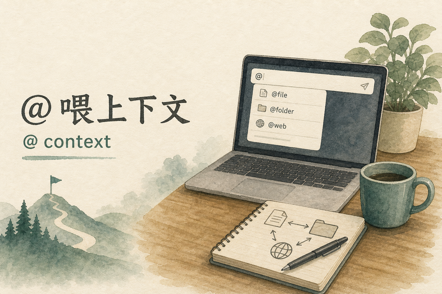 Cursor 对话框输入 @ 弹出 Files、Code、Docs、Web 等上下文引用菜单