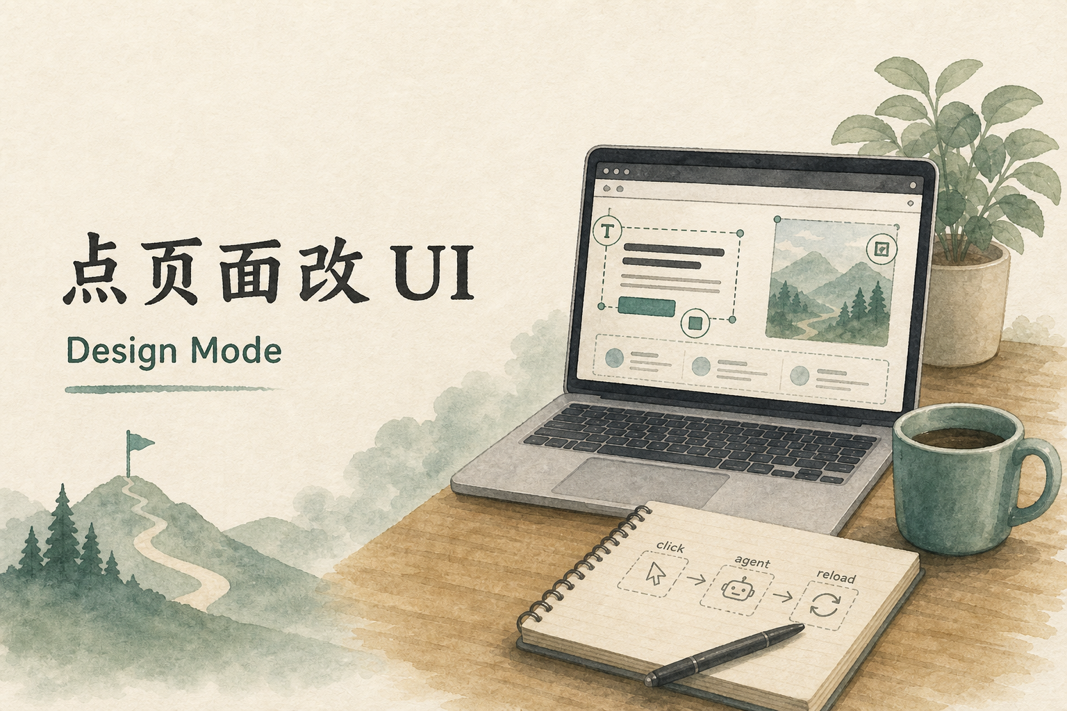 书桌水彩：笔记本显示带圈选标注的页面预览，便签写 Design Mode
