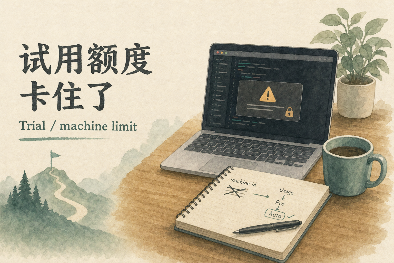 Cursor 试用额度卡住时的排查示意：报错、Usage 与正规出路