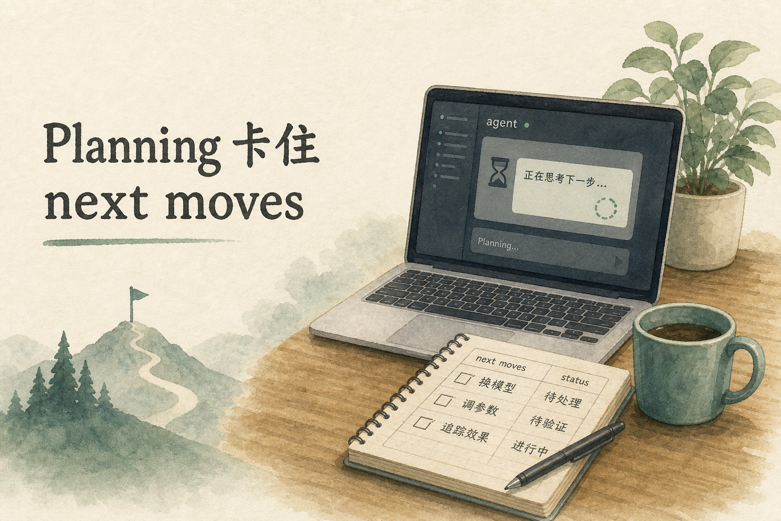 书桌水彩：笔记本聊天停在沙漏与 Planning 字样，便签写换模型