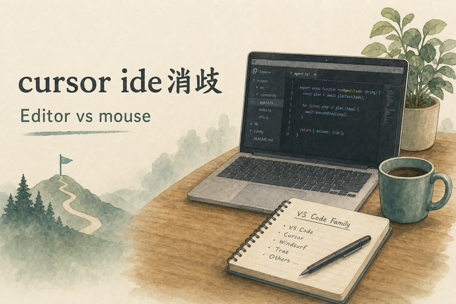 Cursor IDE 与 VS Code 关系：AI 编辑器 vs 鼠标主题消歧示意