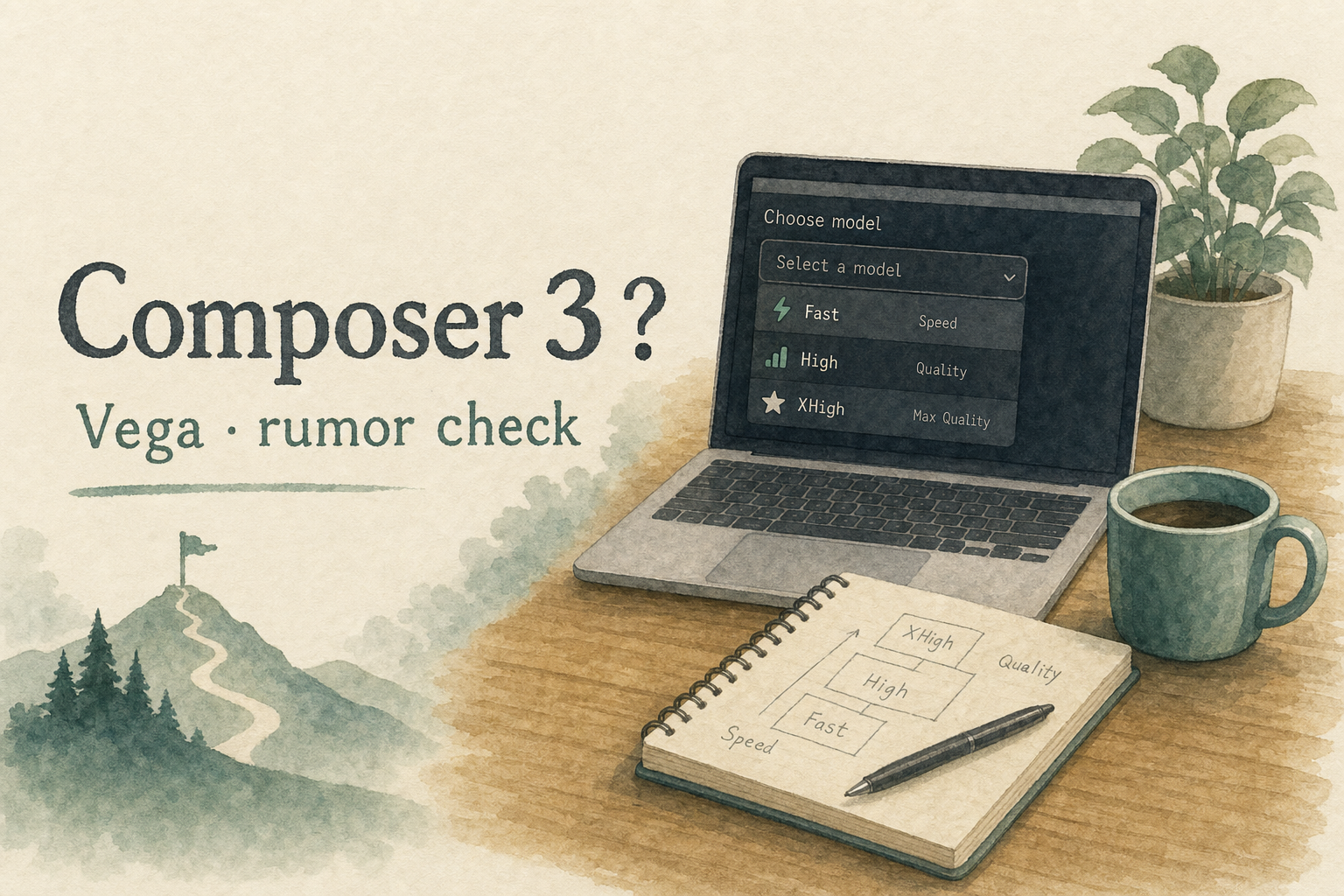 Composer 3 / Vega 传闻核对：模型档位与 Cursor 模型下拉示意